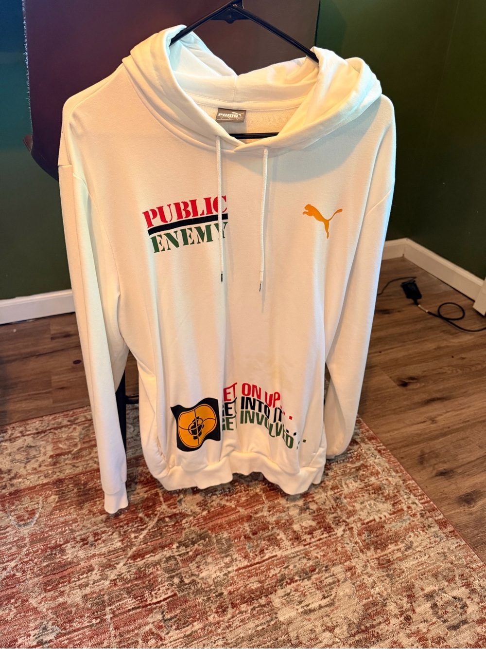 Puma X Public Enemy White Hoodie with Red, Green & Yellow Graphics